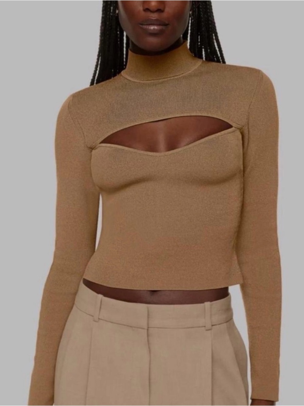 Babaton beige Mock Neck cut out Sweater